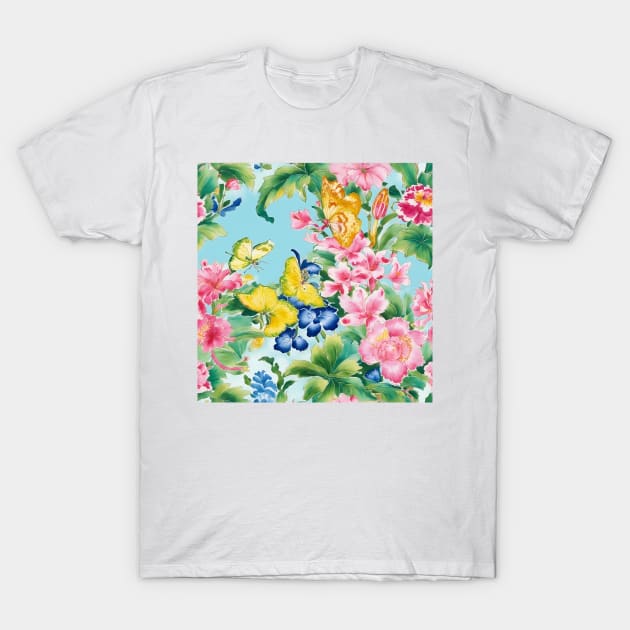 Peonies and butterflies on light turquoise T-Shirt by SophieClimaArt